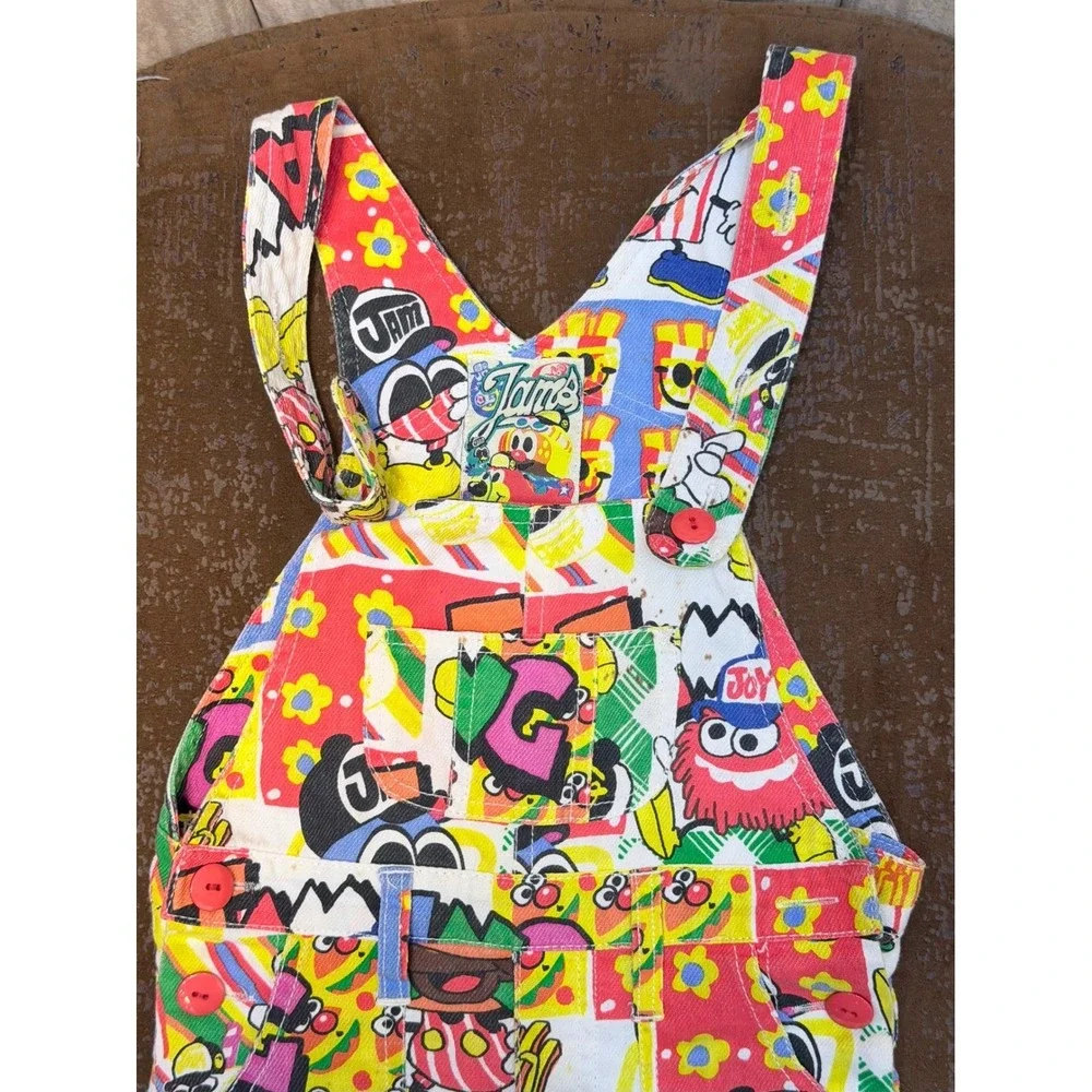 Jams‎ Cartoon Print Overalls Multi Color Graphic Bib Dungarees Kids Retro Style
